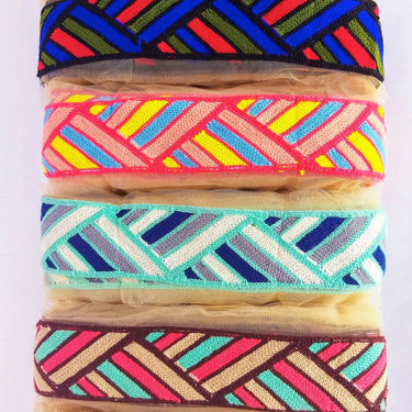 Beige Net With Blue, Red, Cyan And Coral Pink Embroidery